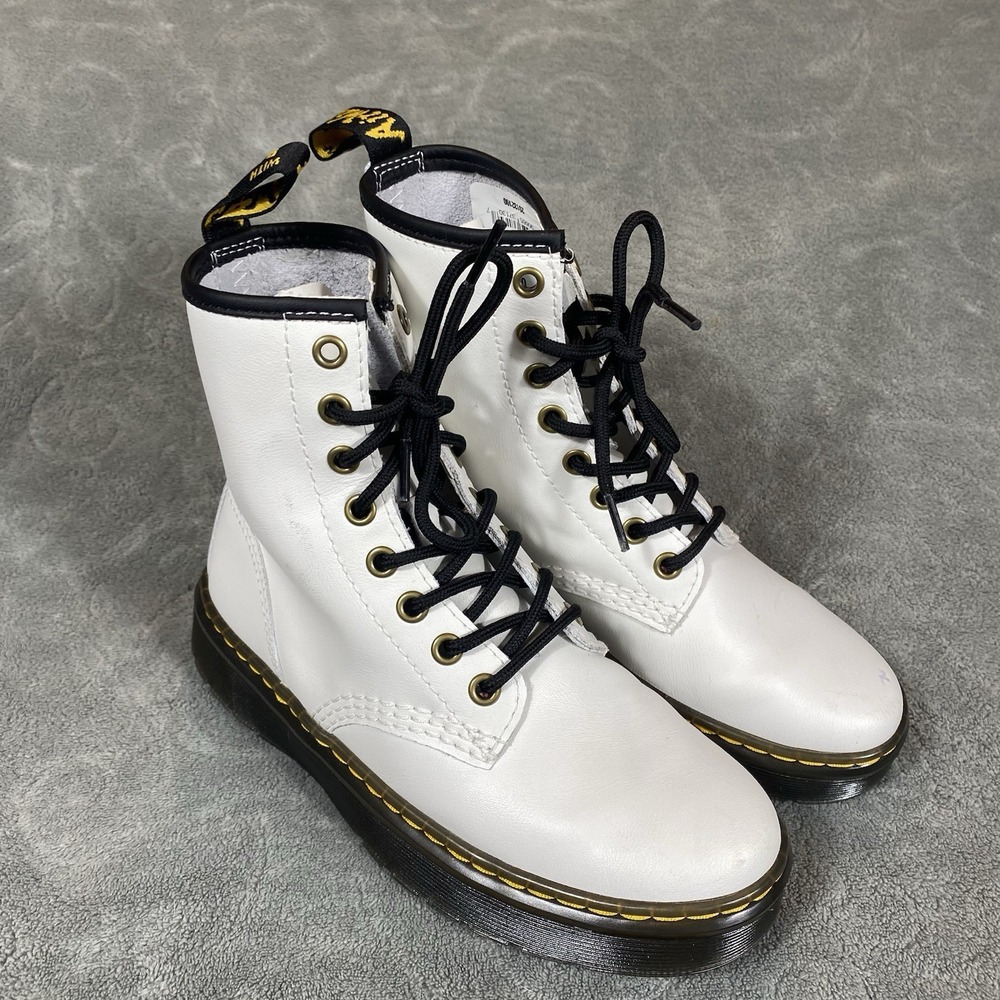 Dr. Doc Martens White Leather Zavala Combat Boots Women 5 Lace Bouncing Soles
